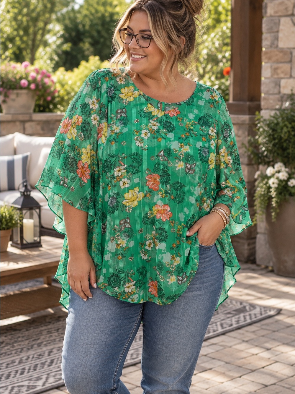 Sara Michelle Green Floral Flutter Tunic Boho Flowy